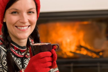 Fireplace winter Christmas woman drink home clipart