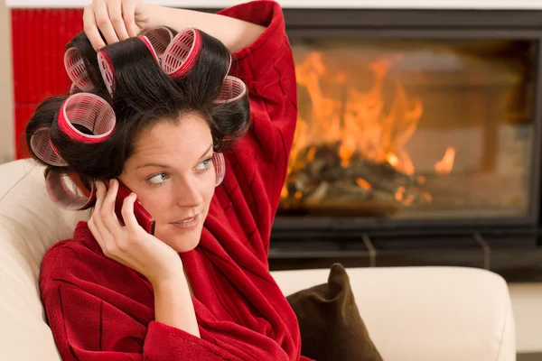 Home beauty woman with hair curlers calling — Stock Photo, Image