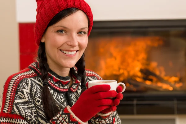 Fireplace winter christmas woman drink home — Stock Photo, Image