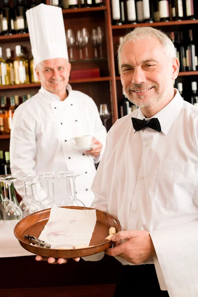 Chef cook drink coffee waiter tray restaurant — Stock Photo, Image