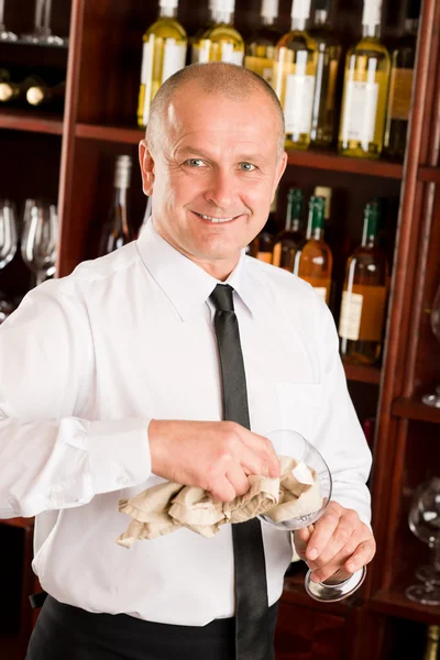 Wine bar waiter clean glass in restaurant — Stock Photo, Image
