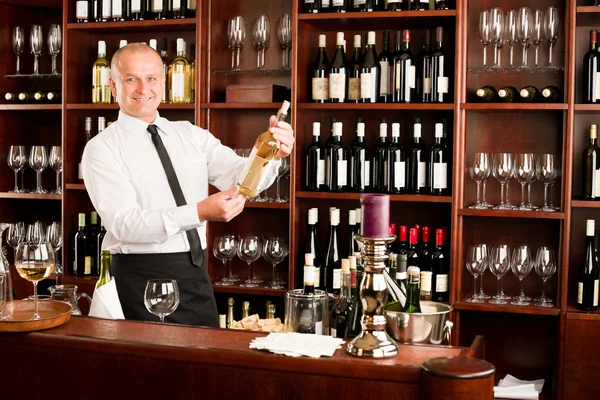Wine bar waiter happy male in restaurant — Stock Photo, Image