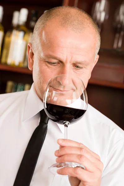 Bar waiter smell glass red wine restaurant — Stock Photo, Image