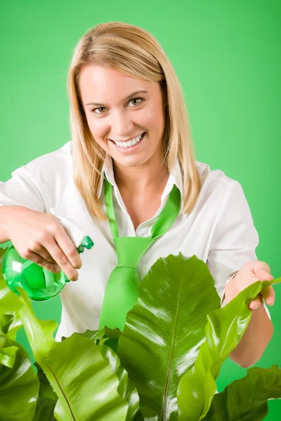 Πράσινη επιχείρηση γυναίκα νερό houseplant χαμογελώντας — Φωτογραφία Αρχείου