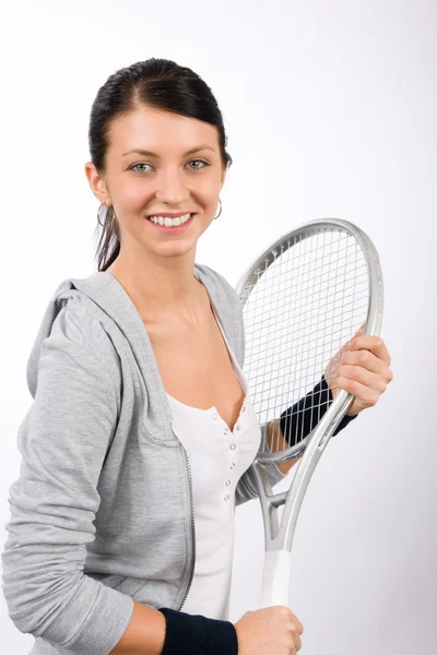 Tenis jugador mujer joven sonriendo mantenga raqueta —  Fotos de Stock