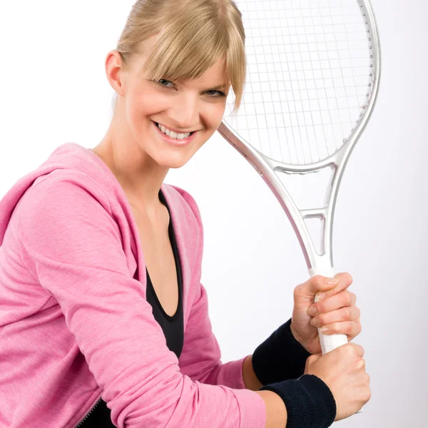 Tennis player woman young smiling serve racket Royalty Free Stock Images