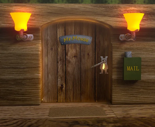 Vista en la puerta de madera de la casa del señor ratón —  Fotos de Stock