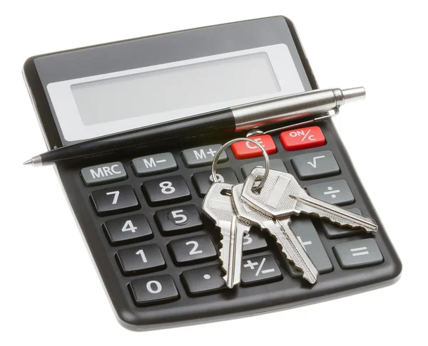 Kalkulator, pióro i klucz — Zdjęcie stockowe