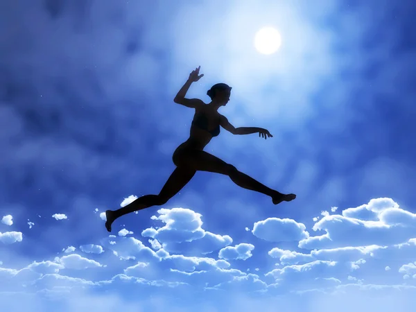 Giovane donna sta saltando sopra le nuvole — Foto Stock