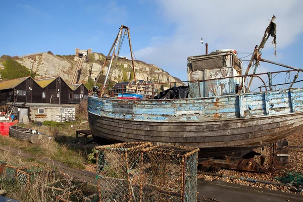 Vonóhálós halászhajó roncs hastings — Stock Fotó