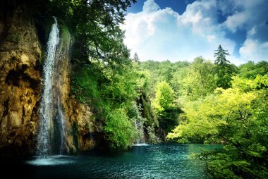 Waterfall in deep forest clipart