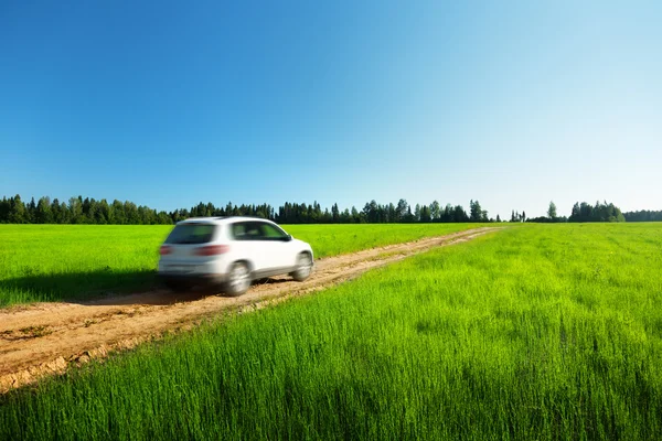 Lente veld en blured auto op grond weg — Stockfoto