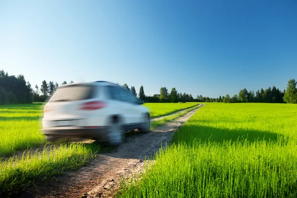 Lente veld en blured auto op grond weg Stockafbeelding
