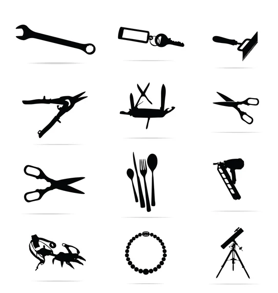 Zwarte silhouetten van gereedschappen symbolen instellen — Stockvector