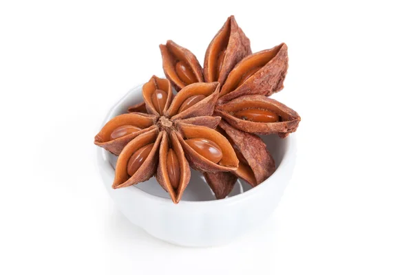 Anise star (Illicium verum) in a white bowl on white background — Stock Photo, Image
