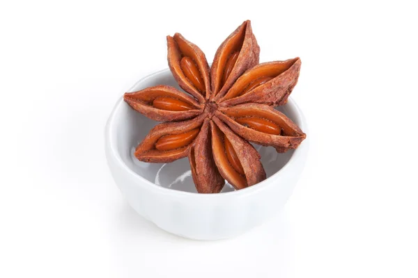 Anise star (Illicium verum) in a white bowl on white background — Stock Photo, Image