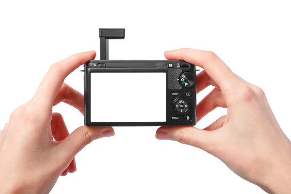 Gros plan image de deux mains noir compact appareil photo numérique wi — Photo
