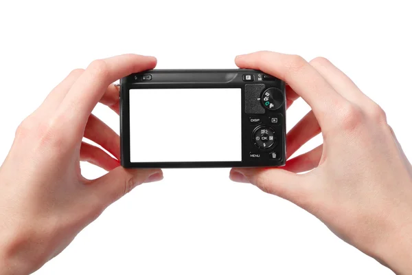 Närbild bild av två händer svart kompakt digitalkamera wi — Stockfoto