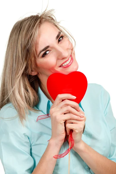 stock image Attractive smiling woman with heart on white background