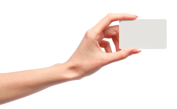 Женщина держит чистую визитную карточку — стоковое фото