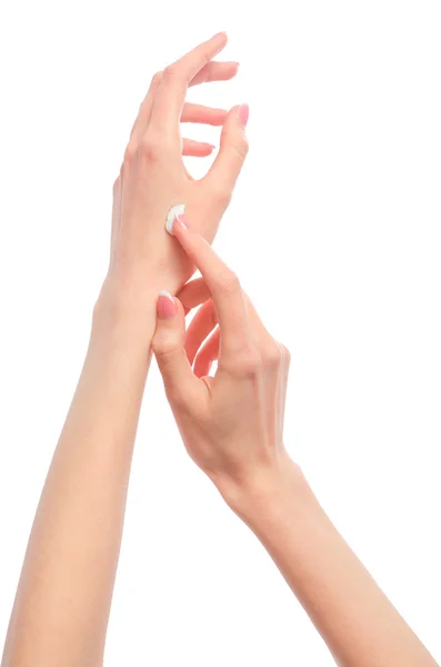 Hermosas manos de mujer con manicura francesa aislada en bac blanco —  Fotos de Stock