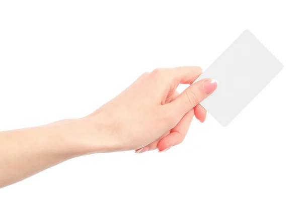 Weibliche Hand mit einer leeren Visitenkarte — Stockfoto