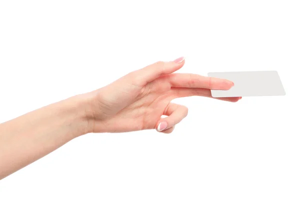 Female hand holding a blank business card — Stock Photo, Image