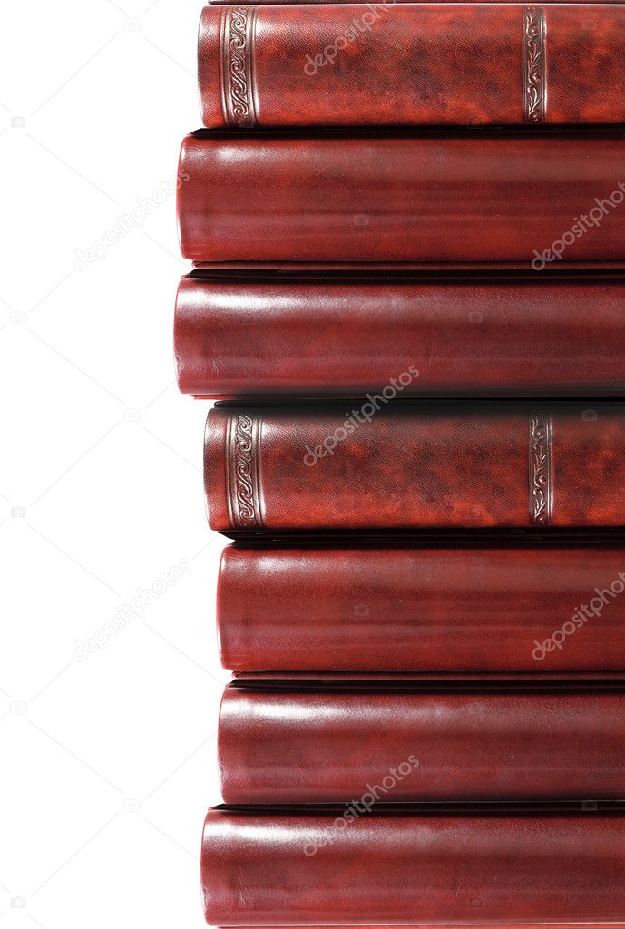 Leather books on white background, partial view