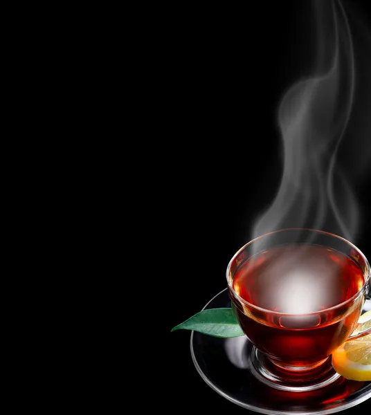 Csésze tea, fekete háttér, szöveg adható — Stock Fotó