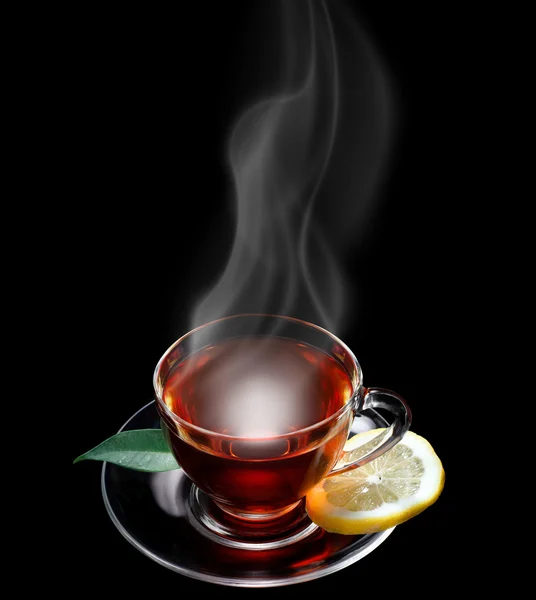 Cup of tea black background, space for text — Stock Photo, Image