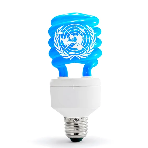 Bandera de las Naciones Unidas sobre lámpara de ahorro de energía . —  Fotos de Stock