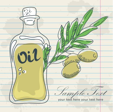 Olive oil in a bottle and a branch of olives clipart