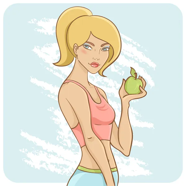 Sportieve fit meisje met groene appel — Stockvector