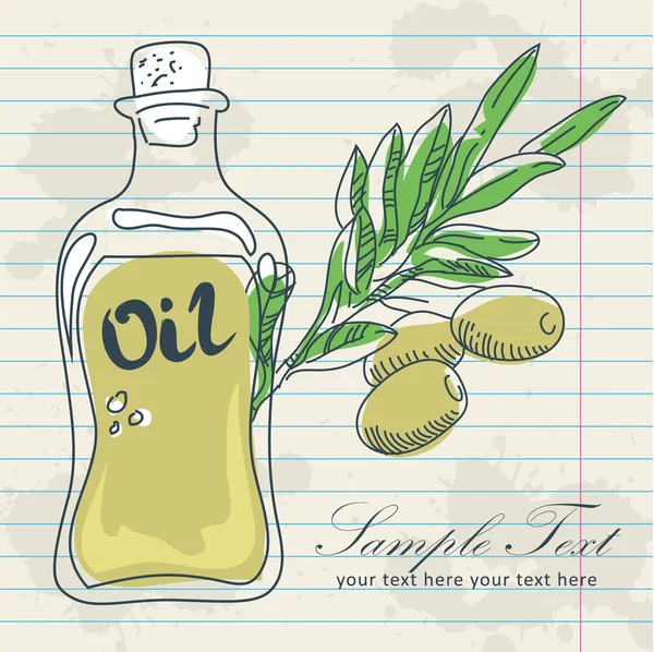 Olio d'oliva in bottiglia e un ramo d'oliva — Vettoriale Stock