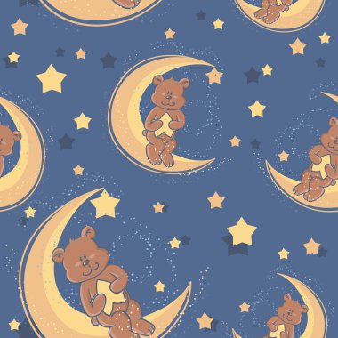 Teddy bear sitting on a moon seamless textile pattern clipart