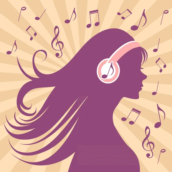 Flicka siluett med hörlurar, långt hår och musik — Stock vektor