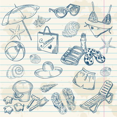 Hand drawn retro icons summer beach set on a paper background clipart