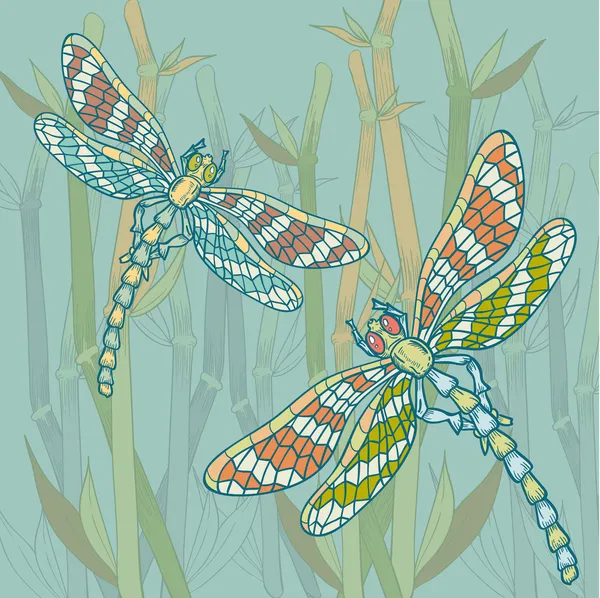 Libelle auf dem Hintergrund der Wasserpflanze — Stockvektor