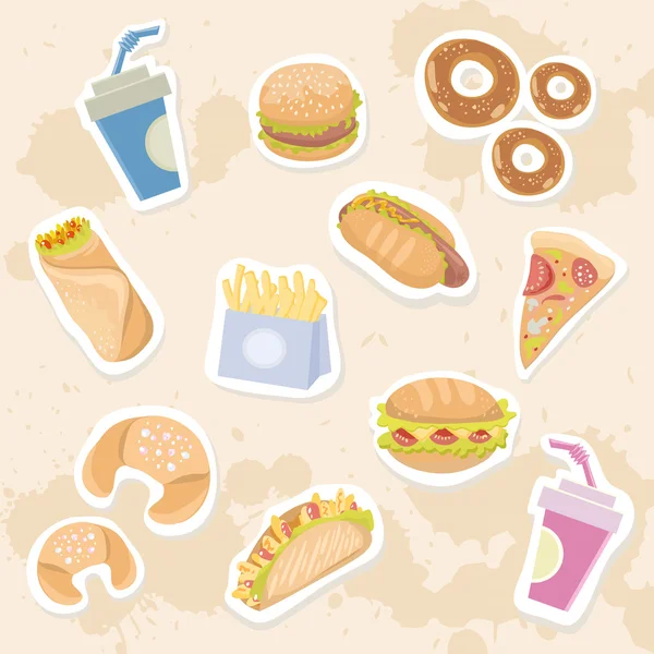 Fastfood delicious stickers set on grungy background — Stock Vector