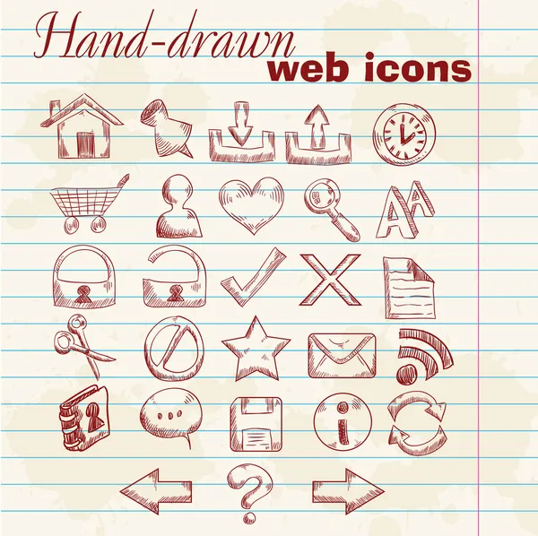 Icônes web dessinées à la main sur un fond de papier grunge — Image vectorielle