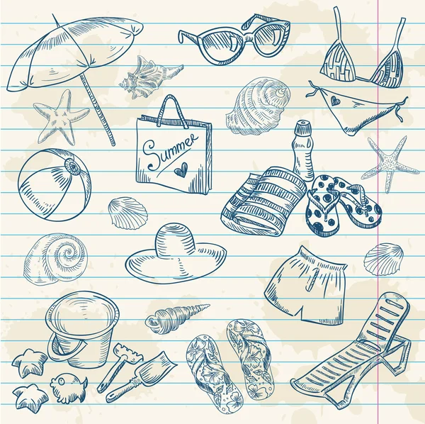 Dibujado a mano iconos retro playa de verano sobre un fondo de papel — Archivo Imágenes Vectoriales