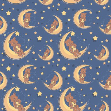 Teddy bear sitting on a moon seamless textile pattern clipart