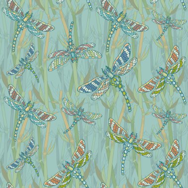 Fantasy seamless pattern with dragonflies on the lake clipart