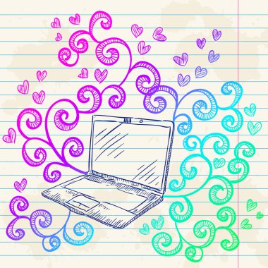 Sketch laptop card with floral elements clipart