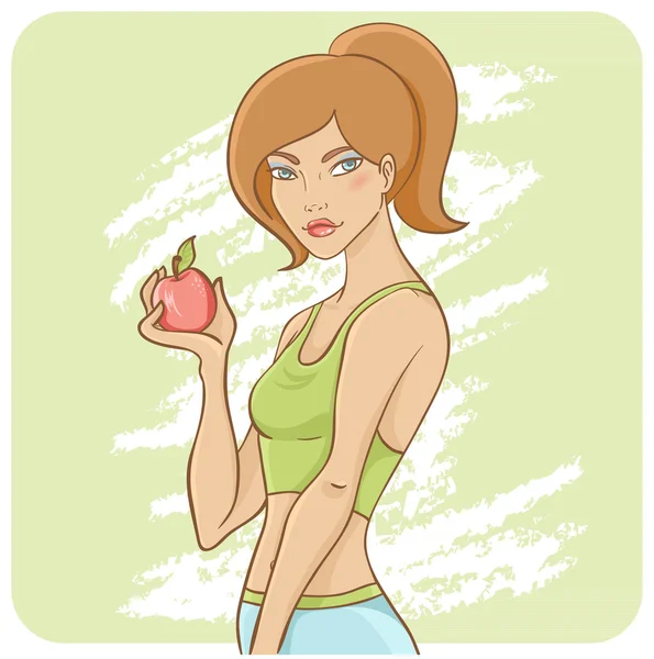 Sportig passform flicka med grönt äpple — Stock vektor