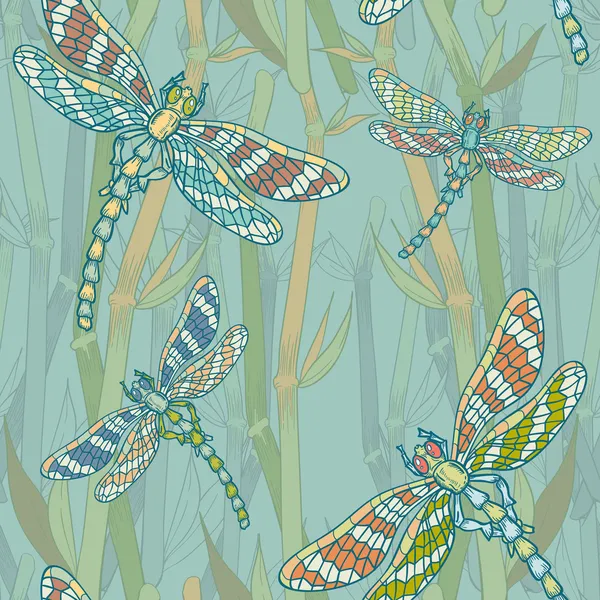 Fantasia sem costura padrão com libélulas no lago — Vetor de Stock
