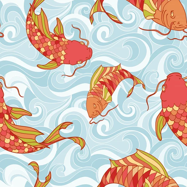 Peces coloridos en las olas del mar patrón sin costuras — Vector de stock