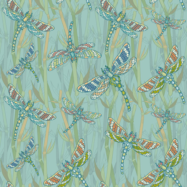 Fantasy seamless pattern with dragonflies on the lake