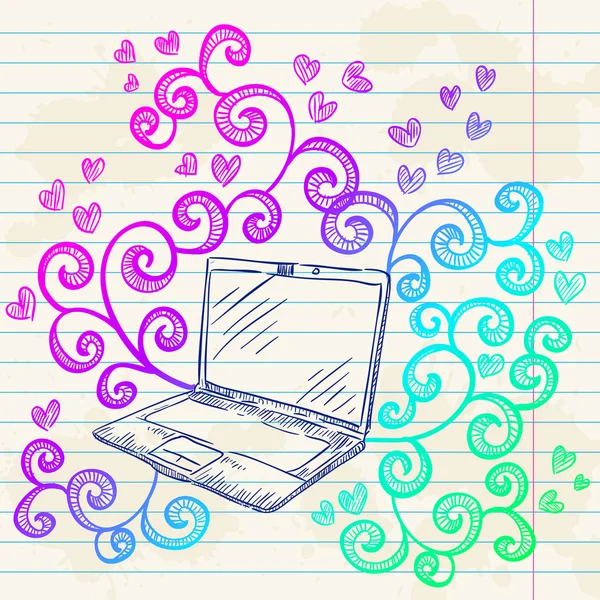 Σκίτσο laptop κάρτα με floral στοιχεία — Διανυσματικό Αρχείο