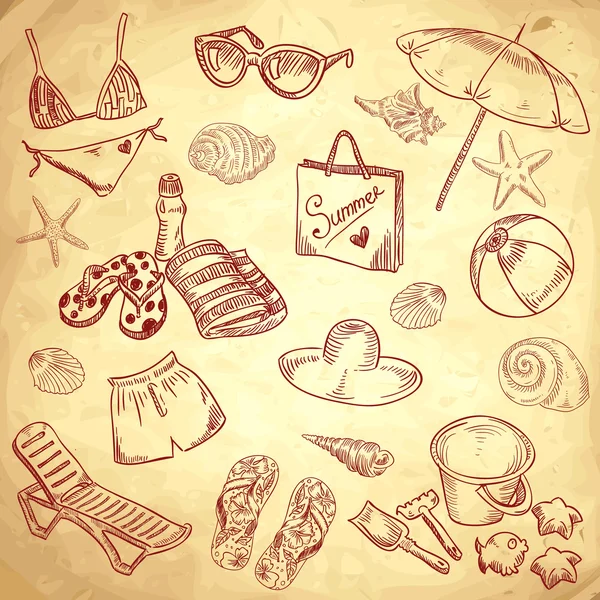 Icônes rétro dessinées à la main plage d'été sur fond de papier — Image vectorielle